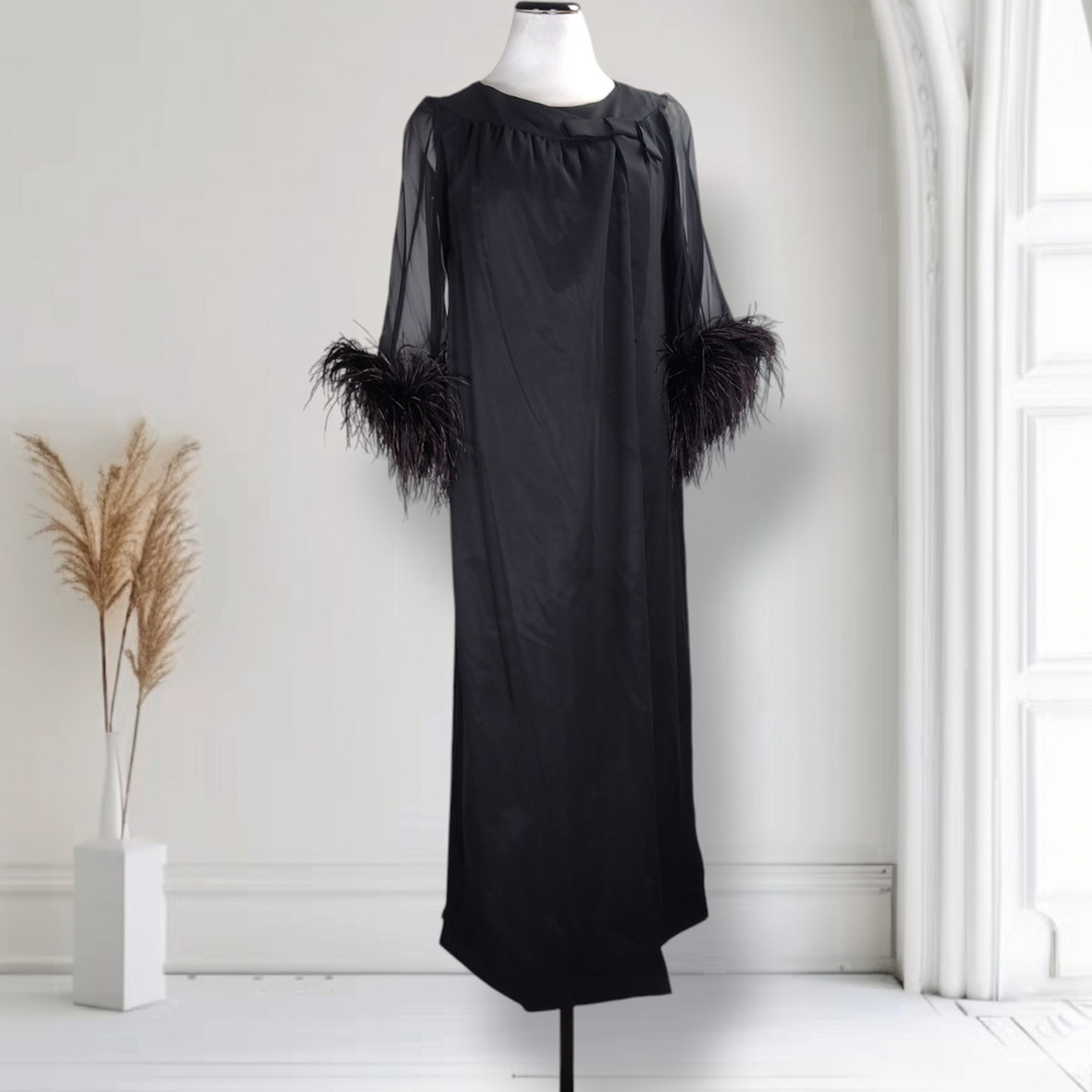 Vintage 60s Black Silk Chiffon Maxi Dress Ostrich Feather Bell Sleeve S